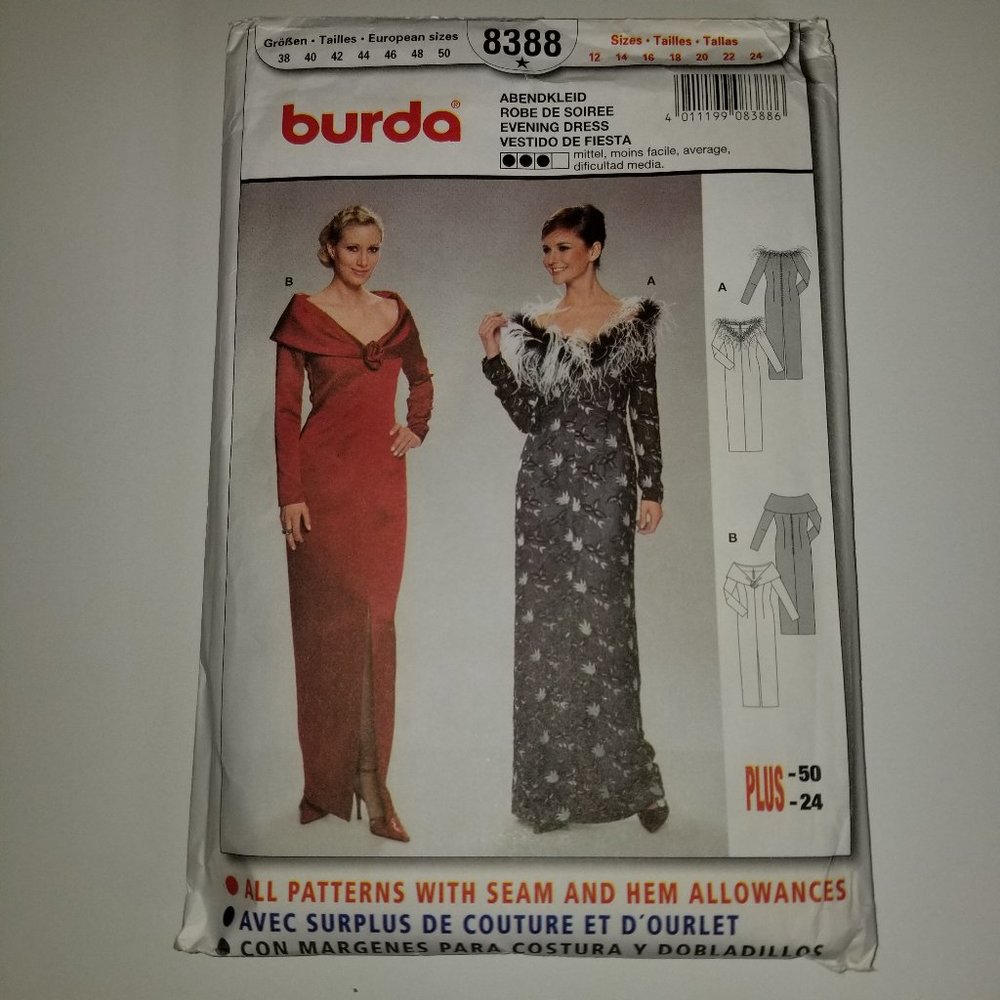 ✅8388 Uncut Burda Evening Dress 2 Styles Close fitting Feather Trim Option 12-24